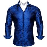 Luxury Blue Shirts Men's Solid Satin Embroidered Paisley Flower Long Sleeve Slim Fit Blouses Casual Lapel Tops Barry Wang MartLion   