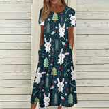 Loose Women's Dress Delicate Easter Printed Mid-Calf Dresses Round Collar Short Sleeves Frocks MartLion Navy L United States