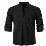 Men Long-Sleeved V-neck T-shirt Cotton and Linen Led Casual Men's T-shirt MartLion BLACK XXL 