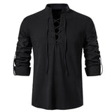 Men's V-neck shirt T-shirt Vintage Thin Long Sleeve Top Casual Breathable Viking Front Lace Up Mart Lion BLACK S China