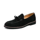 Spring Suede Men's Tassel Design Loafers Slip-on Handmade Nubuck Shoes Pointed Toe Thick Sole MartLion Black 40 