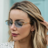 In Trend Rimless Rectangle Sunglasses Women Luxury Designer Cut Edge Shades Golden Leopard Frame Eyewear MartLion   