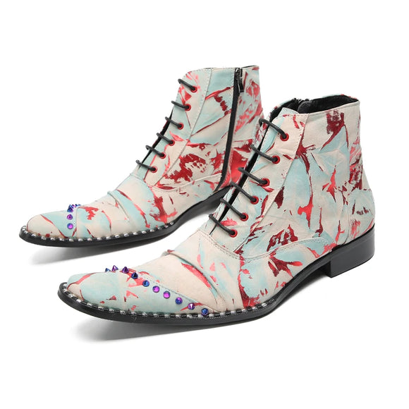 Design Boots For Men's Mixed Colors Print Real Leather Dress Shoes Rivets High Top Chelsea MartLion as picture 1 8 