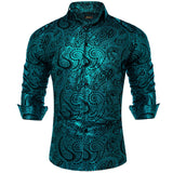 Luxury Gilding Pink Blue Red Paisley Print Silk Dress Shirts for Men's Long Sleeve Social Clothing Tops Slim Fit Blouse MartLion CY-2319 S 
