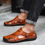 Men's Leather Slippers Summer Slip-on Outdoor Casual Shoes Wrap Toe Non-slip Beach Cozy Breathable Sandals Mart Lion Brown 38 