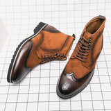 Men's Classical Retro Carved Brogue Leather Boots Suede Ankle Lace-up Short Martin High-Top Shoes Mart Lion Brown 38 (US 6) China
