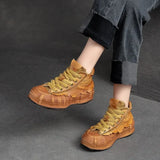 Lace Up Ankle Boots For Women Thick Soled Flat Platform Genuine Leather Flat Platform Luxury Vulcanized Shoes MartLion   