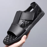 Summer Men's Roman Sandals Hollowed Out Breathable Casual White Sandals Casual Non-slip Soles Leather Shoes MartLion Black 44 