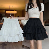 Pleated Skirt Women White Ruffle Sweet Pretty Style Skirt Elastic Waist Summer Slim Basic Dress MartLion   