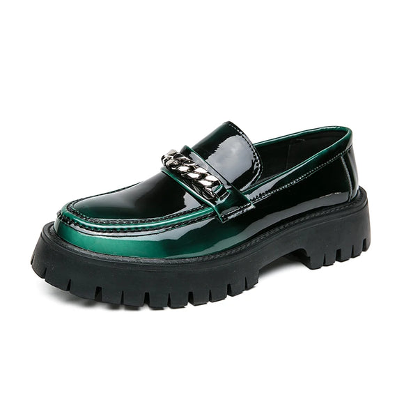 Spring Lacquer Leather Casual Shoes Men's Chain Loafers  Slip-on Thick Bottom Oxford Wedding MartLion Green 42 