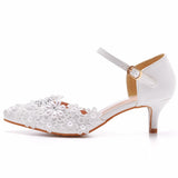 Crystal Queen White Lace Pearl Rhinestone Women Pointed Toe Summer 5CM High Heels Elegant Mary Jane Shoes MartLion   