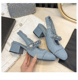 Closed Toe Sandals Designer Sandals Women's Vintage Chunky High Heels Back Strap Denim Heels Summer Shoes Mart Lion   