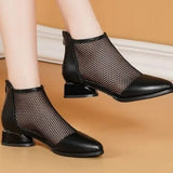 Summer Mesh Ankle Boots Pointed Toes Low Heels Ladies Short Chunky Heels Spring Back Zipper Shoes MartLion   