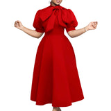 Party Dresses Woman Bow Collar Short Sleeve  Waisted Pleated Ankle Length Birthday Party Robe MartLion   