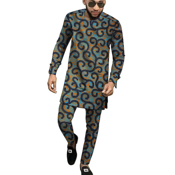 Clothes Men's Set Long Sleeve Tops With Pant Nigerian Wax Print Wedding Party Wear MartLion   