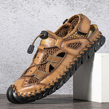 Summer Men's Sandals Outdoor Mesh Soft Clogs Slides Handmade Roman Outdoor Slippers Mart Lion Yellow 6.5 