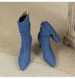 Pointed Toe Thin Heel Denim Boots with Mid Sleeve Fold 7.5cm High Women's Shoes Jean for Women MartLion   