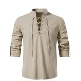 Men's V-neck shirt T-shirt Vintage Thin Long Sleeve Top Casual Breathable Viking Front Lace Up Mart Lion KHAKI S China
