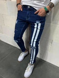 Men Jeans Knee Hole Ripped Stretch Skinny Denim Pants Solid Color Black Blue Summer MartLion   