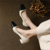 Classic Basic Women Pumps Thick Heels Square Toe Summer Mixed Colors Genuine Leather  Lady Shoes Woman MartLion   