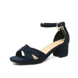 Summer Elegant Black Red Women Office Sandals Med Chunky Heels Lady Dress Shoes MartLion Dark Blue 12 