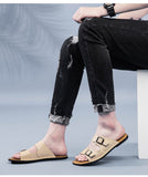 Men's Flat Sandals With Adjustable Genuine Leather Summer Shoes Beach Sport Slippers Non-slip Wear-resistant Mart Lion   