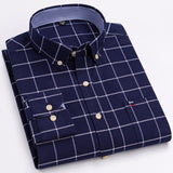 Men's 100% Cotton Plaid Checkered Long Sleeve Oxford Shirt Front Patch Chest Pocket Button-down Striped Versatile Casual Mart Lion L503 43 