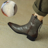 Women Boots Genuine Leather Western Shoes Pointed Toe Chunky Heel Chelsea Retro MartLion Gery-wool inside 40 