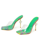 Liyke Chic Strange High Heeled Slippers Ladies Color Square Toe Summer Sandals PVC Transparent Shoes Women Sliders Mart Lion Green 35 