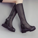 Summer Boots Mesh Ladies Comfort Elevator Shoes Women Knee-length Platform Female Round Toe Zipper Sandals Mart Lion 4-Black 34 