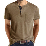Summer Henley Collar T-Shirts Men's Short Sleeve Casual Tops Tee Solid Cotton Mart Lion khaki S 60-70kg 