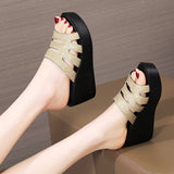Women's Slides Ladies Slippers Summer Shoes Wedges High Heel 6.5 Cm Sequin Cow Leather