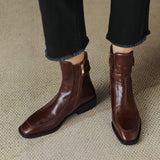 Autumn Boots Square Toe Low Heel Women Shoes Genuine Leather Retro Brown Ankle Block Retro MartLion   