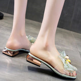 Ladies Slippers Bow Knot Summer String Bead Transparent Slippers Women Shoes Mules Mid Heels Slides Mart Lion   