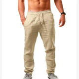 Pants Men Cotton Linen Trousers Casual Solid Elastic Waist Straight Loose Sports Running MartLion   