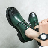 Green Leather Shoes Men's Low Working Lace-up Platform Shoes Casual zapatos de hombre MartLion   