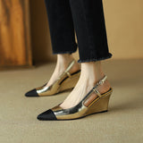 Spring Women Sandals Genuine Leather Shoes Pointed Toe Wedges Heels Ladies Golden Sliver MartLion   