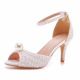 Crystal Queen White Pearl Sandals Women Open Toe High Heels Lady Luxury Wedding Shoes Banquet Dress Stiletto MartLion WHITE 35 