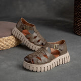 Summer Top Layer Cowhide Platform Closed Toe Roman Sandals Handmade Genuine Leather Casual Retro Buckle MartLion GRAY 36 