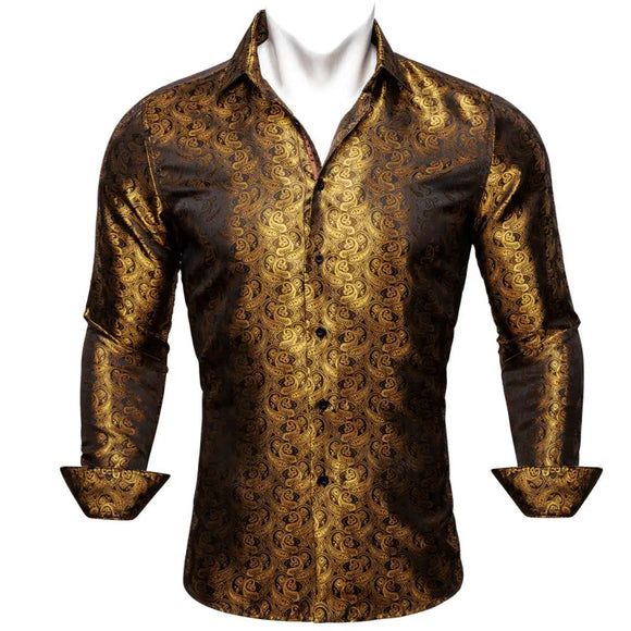 Designer Men's Shirts Silk Gold Embroidered Paisley Flower Long Sleeve Casual Blouses Slim Fit Clothing Lapel Tops Barry Wang MartLion 0644 S 