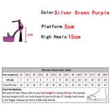 Liyke Silver Green Ankle Strap Sandals For Women Crystal Narrow Band Square Toe Super High Heels Platform Shoes Mart Lion   