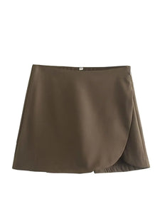 Women Casual Mini Skirts Shorts  Waist Back Pockets Wide Leg Skirts Zipper Female Shorts MartLion Brown XS 