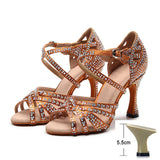 Latin Dance Shoes Women High Heels Diamond-encrusted Sandals Indoor Soft-soled Stage Game Party Social Ballroom Girl MartLion Brown 5.5cm heel 35 