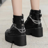 Chain Women Leather Autumn Boots Block Heel Gothic Black Punk Style Platform Shoes Female Footwear Ankle Mart Lion   