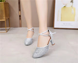  Sequined Latin Dance Shoes Women Adult Middle-heeled High-heeled Summer Beginners Children Soft-soled Pointy-toed MartLion - Mart Lion