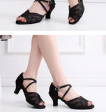 Black Mesh Latin Dance Shoes Hollow Breathable Indoor Dance Training High-heeled Sandals Tango Jazz Party Ballroom Performance MartLion   