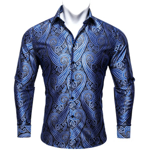 Barry Wang Exquisite Blue Silk Paisley Men's Shirt Four Seasons Lapel Long Sleeve Embroidered Leisure Fit Party Wedding MartLion   