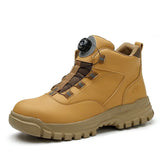 Black Leather Winter  Rotating Buttons Safety Shoes Men Waterproof Work Boots MartLion Yellow 37 