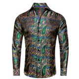 Hi-Tie Brand Silk Men's Shirts Breathable Jacquard Floral Paisley Long Sleeve Blouse for Wedding Party Events MartLion CY-1010 S 