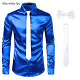 Black Men's Silk Dress Shirts 3Pcs(Shirt +Tie+Bowtie) Smooth Satin Slim Fit Party Prom Casual Social Camisa Mart Lion blue white USA S 